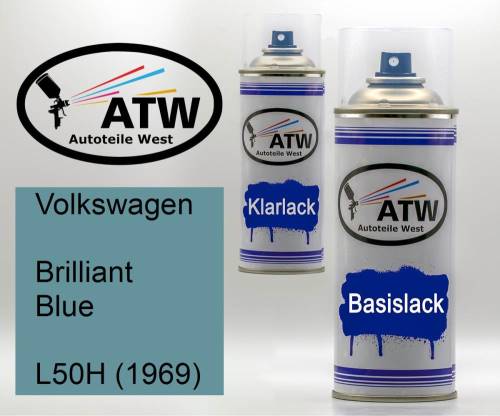 Volkswagen, Brilliant Blue, L50H (1969): 400ml Sprühdose + 400ml Klarlack - Set, von ATW Autoteile West.